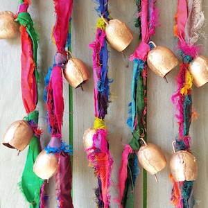 One Colorful Windchime with Sari silk ribbon and rustic bronze gold colored cow bells, Ethnic Window Suncatcher, Bohemian Door Chime, mobile