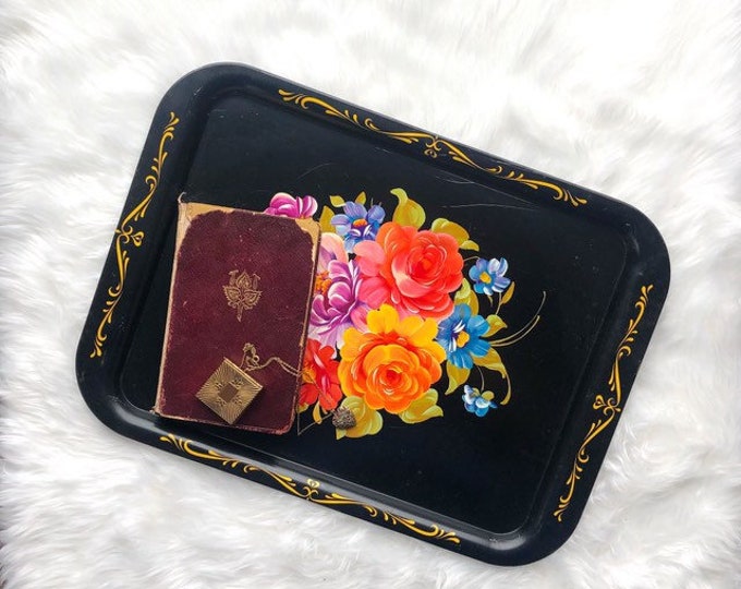 Vintage Garden Rose Metal Tray Black Pink Blue Green and Orange