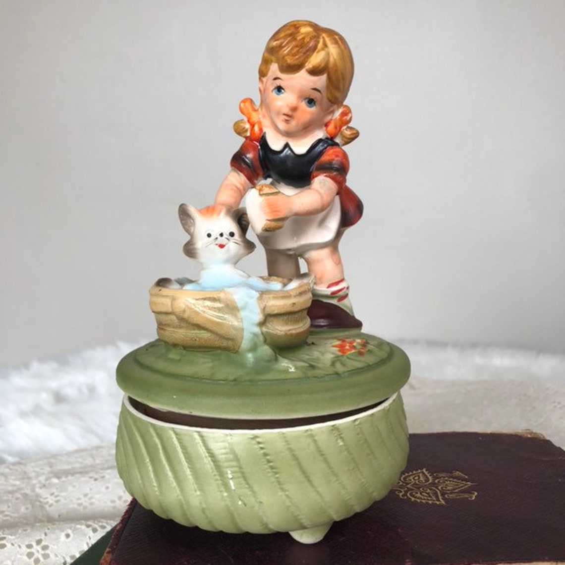 Vintage Music Box Little Girl Bathing a Cat Etsy