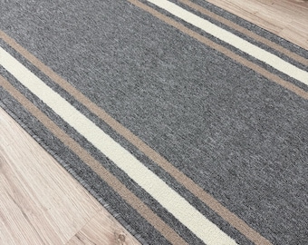 Custom Size Non-Slip Grey Rug Runner: Low Pile Polyamide, Solid Border