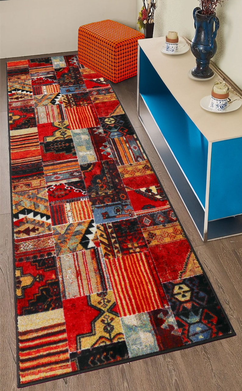 Patchwork Wool Rug Runner: Vintage Southwestern Design, Cotton Backing ...