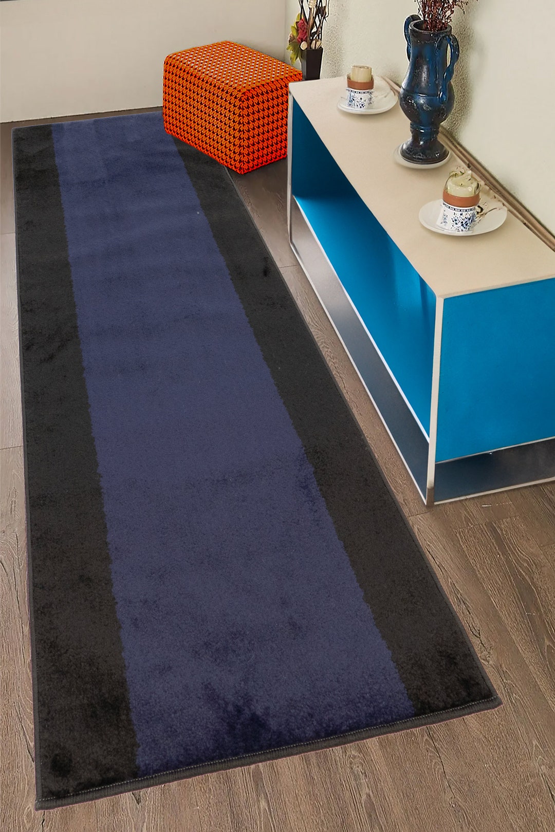 Navy & Black Bordered Rug Runner: Custom Size, Non-slip Design - Etsy