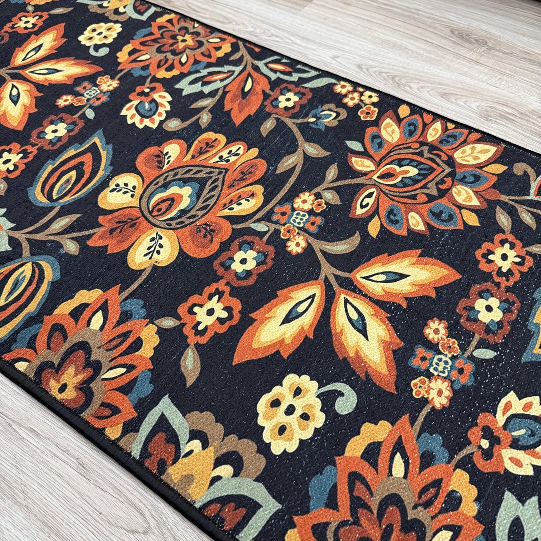 Custom Size Anti Slip Floral Black Runner Rug by Feet 26 Inches Wide - Etsy