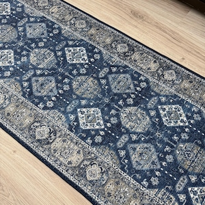 May include: A navy blue runner rug with a detailed geometric pattern. The rug features diamond, square, and circular shapes in shades of blue, beige, and white. The border has a detailed design in beige and white.