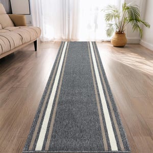 Custom Size Non-Slip Grey Rug Runner: Low Pile Polyamide, Solid Border