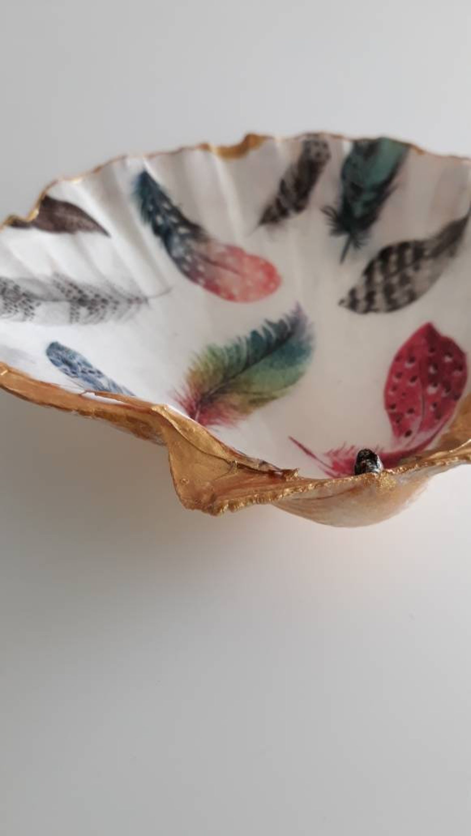 Beautiful Large Scallop Shell With Decoupage Multicoloured Feathers and