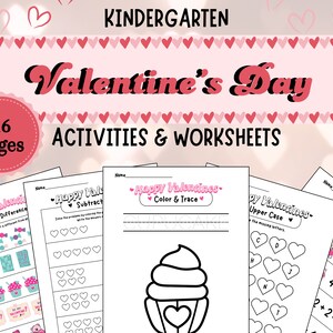 Peut inclure: Un ensemble de 16 feuilles de travail imprimables pour la Saint-Valentin pour les élèves de maternelle. Les feuilles de travail proposent des activités telles que trouver la différence, la soustraction, la coloration et le tracé, les lettres majuscules et l'addition. Les feuilles de travail sont décorées de cœurs et d'un cupcake.