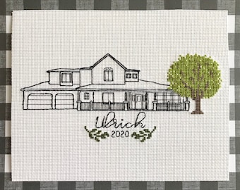 Custom Cross Stitch/Embroidered House Portrait (with or without Stitch People characters)