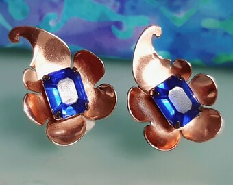 1940s Hector Aguilar Gold Vermeil Sterling Silver Faux Sapphire Retro Earring Screw Back, Coro Designer Collectable Jewelry, Hallmarked