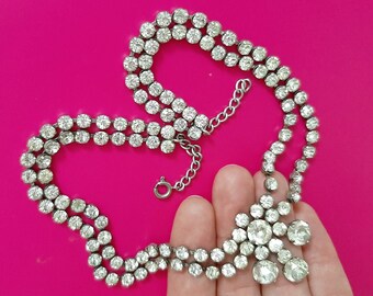 1940s Sterling Silver Faux Diamonds/ Rhinestones Collier Necklace by Jay Flax, Elegant Designer Signed Collectable Jewelry