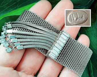 1950s Hobe Mesh Tassel Rhinestone Silver Tone Bracelet Invisible Box Clasp Collectable Costume Jewelery