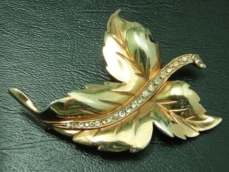 Timeless Piece 1940s Large Sterling Silver Gilt Rhinestone Leaf Brooch Pin Retro Mid Century