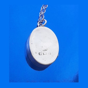 May include: A silver oval pendant necklace with a chain. The back of the pendant has a hallmark with the letters '925' and other markings.