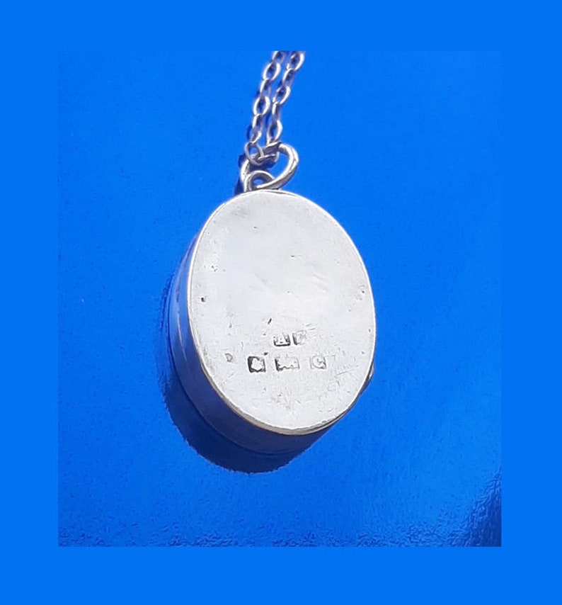 May include: A silver oval pendant necklace with a chain. The back of the pendant has a hallmark with the letters '925' and other markings.
