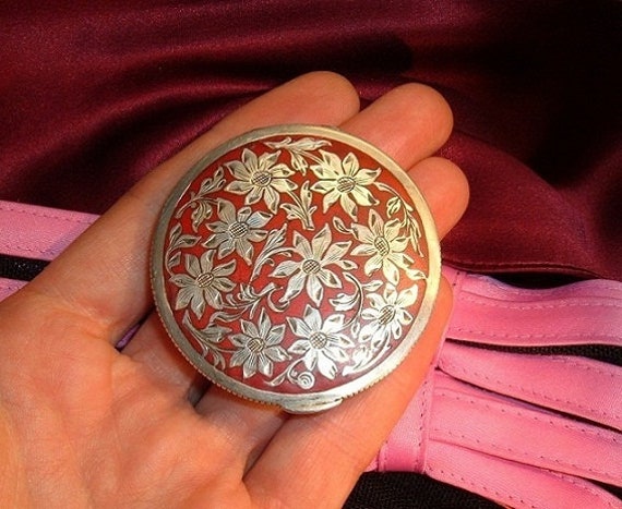 Antique Sterling Silver Enamel Austrian Powder Compact Trinkets Box Daisy Ornament