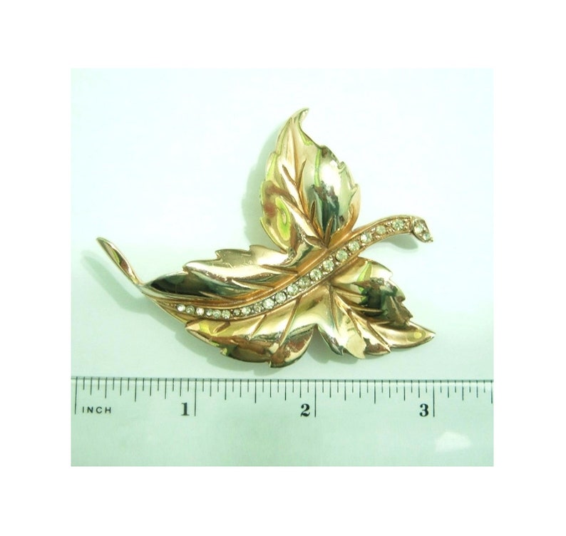 Timeless Piece 1940s Large Sterling Silver Gilt Rhinestone Leaf Brooch Pin Retro Mid Century