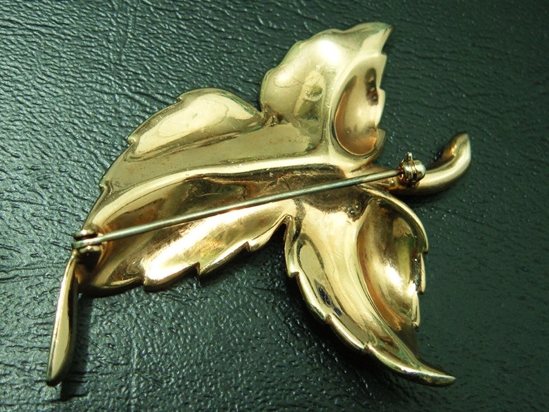 Timeless Piece 1940s Large Sterling Silver Gilt Rhinestone Leaf Brooch Pin Retro Mid Century
