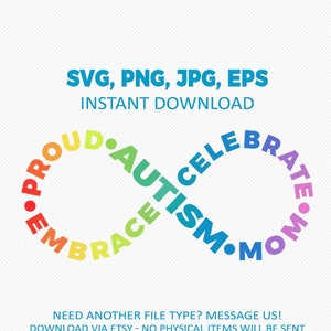Autism Mom Rainbow Infinity Symbol - Autism SVG PNG Cut Files Instant Download - Accept Embrace Celebrate Autism and Neurodiversity