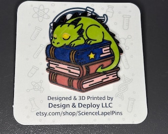 Dragon on Spellbooks Pin – Sleeping Green Dragon Fantasy Lapel Pin, 3D Printed Style Pin