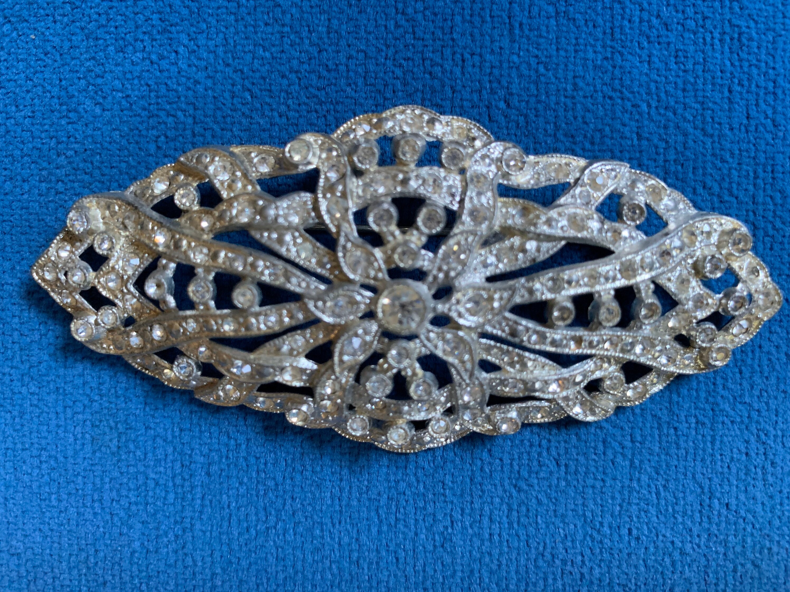 Art Deco Brooch Blue Glass Floral & Pine Cone Bohemian Pin