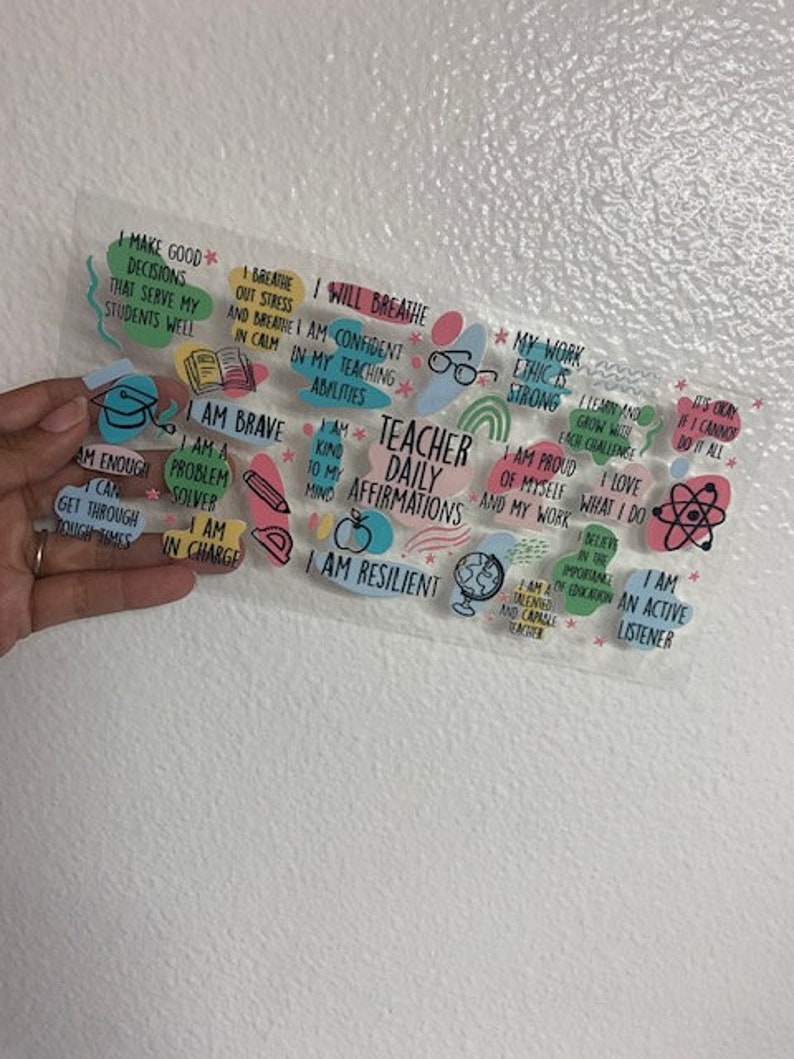 May include: Colorful stickers with positive affirmations for teachers, including "I am enough", "I am a problem solver", "I am brave", "I am kind to my mind", "I will breathe", "I am confident in my teaching abilities", "My work ethic is strong", "I am proud of myself and my work", "I love what I do", "I can learn and grow with each challenge", "It's okay if I can't do it all", "I am an active listener", "I am resilient", "Teacher Daily Affirmations".