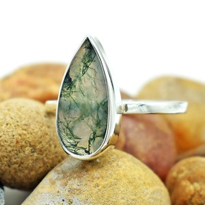 Natural Moss Agate Ring: Teardrop 925 Sterling Silver