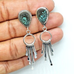 Genuine tibetan turquoise  silver Earring, turquoise Earring, Boho Dangle ,Hoop Long Earring, Girls Earring, December Birthstone Earring