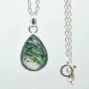 Teardrop Moss Agate Pendant Necklace: 925 Sterling Silver, 18 Inch