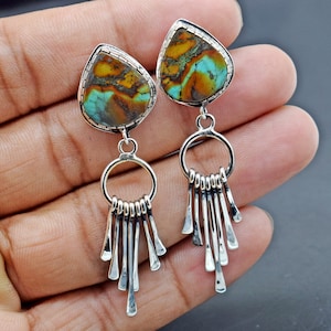 Blau tibetisch türkis silber Ohrringe, Ohrring Schmuck, Hipster Baumeln, Hoop Lange Ohrringe, Mädchen Ohrring, Dezember Geburtsstein, Ohrring
