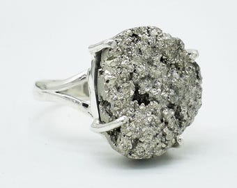 Äkta Statement Pyrit Ädelstensring: 925 Sterling Silver, Läkande Kristallring