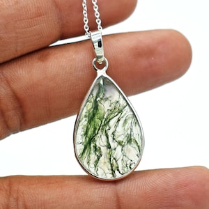 Natural Pear Moss Agate Pendant, Bezel Moss Agate Necklace, AAA Moss Agate Jewelry, 925 Silver Pendant, Green Moss Necklace, Gift For Her
