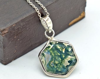 Natural Moss Agate 925 Sterling Silver Pendant Necklace - 18 Inch