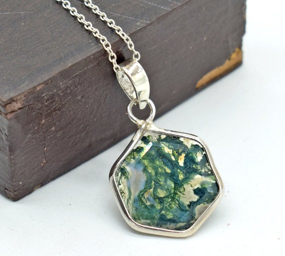 Natural Moss Agate 925 Sterling Silver Pendant Necklace - 18 Inch