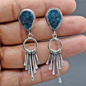 Beautiful tibetan turquoise  silver Earring, turquoise Earring, Boho Dangle ,Hoop Long Earring, Girls Earring, December Birthstone Earring