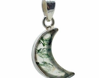 Moss Agate Moon Pendant: 925 Sterling Silver Necklace