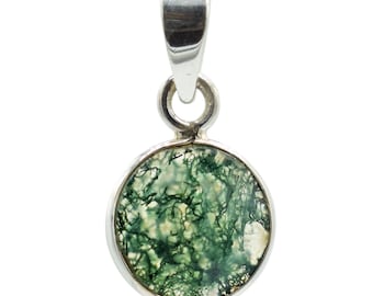 Faceted Moss Agate Necklace: Round 925 Sterling Silver Pendant