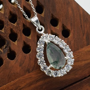 Natural Pear Moss Agate Gemstone Pendant, Green Moss Agate Necklace, AAA Moss Agate Pendant 925 Silver Moss Agate Necklace, Gift For Her