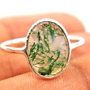 Oval Shape Natural Moss Agate Ring, Moss Agate Ring, Dainty Ring, Moss Ring, 925 Sterling Silver Ring, Minimalist Ring, Gift For Her, Rings