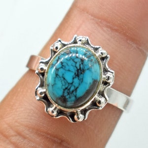 Tibetan Turquoise Ring: Handmade 925 Sterling Silver Gemstone Ring