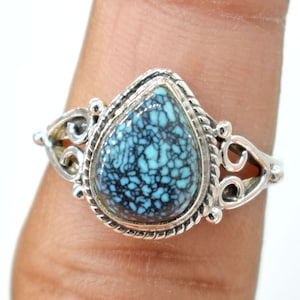Tibetan Turquoise Ring: Pear-Shaped Gemstone, 925 Sterling Silver