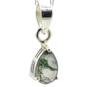 Sterling Silver Moss Agate Necklace: Teardrop Pendant, 18 Inch Chain