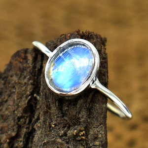 Blue Fire Rainbow Moonstone Ring: 925 Sterling Silver, Handmade