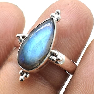 Anillo de plata maciza 925 con piedra preciosa de labradorita natural, hermoso anillo de labradorita de fuego azul para mujer, joyería para regalo, anillo de labradorita AAA
