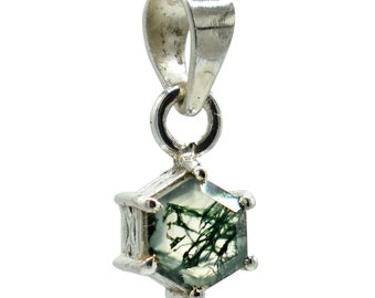 Hexagon Moss Agate 925 Sterling Silver Necklace