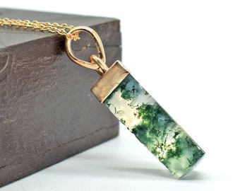 Sterling Silver Moss Agate Pendant Necklace - Natural Stone Jewelry