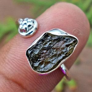 Handmade Rough Moldavite Ring: 925 Sterling Silver Adjustable Gemstone