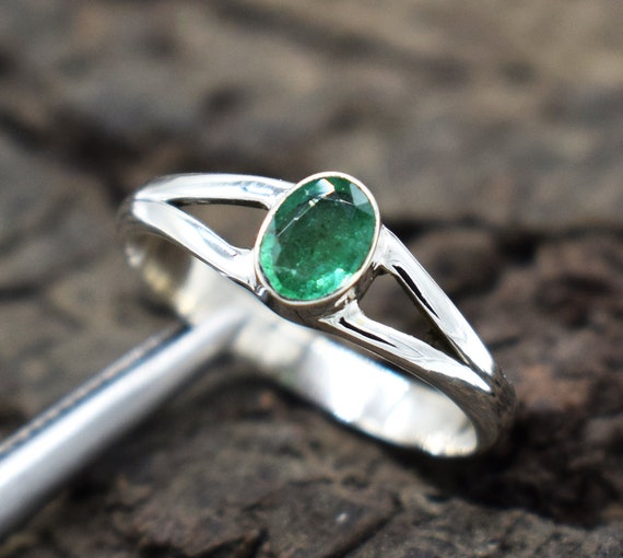 Bague Argent 925 Émeraude Verte Naturelle Zambienne - Taille US 5 - Cadeau Unique