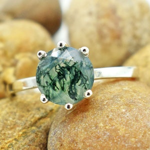 Natural Moss Agate 925 Sterling Silver Ring (8x8x3 mm)