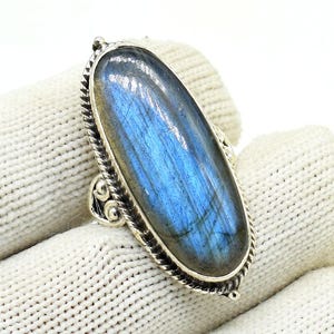 Anillo de labradorita natural pulida, anillo hecho a mano en plata 925, anillo de labradorita con piedra natal, anillo de regalo de boda, joyería, anillos