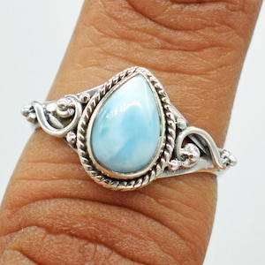 Natural Pear Larimar Ring: Handmade 925 Sterling Silver